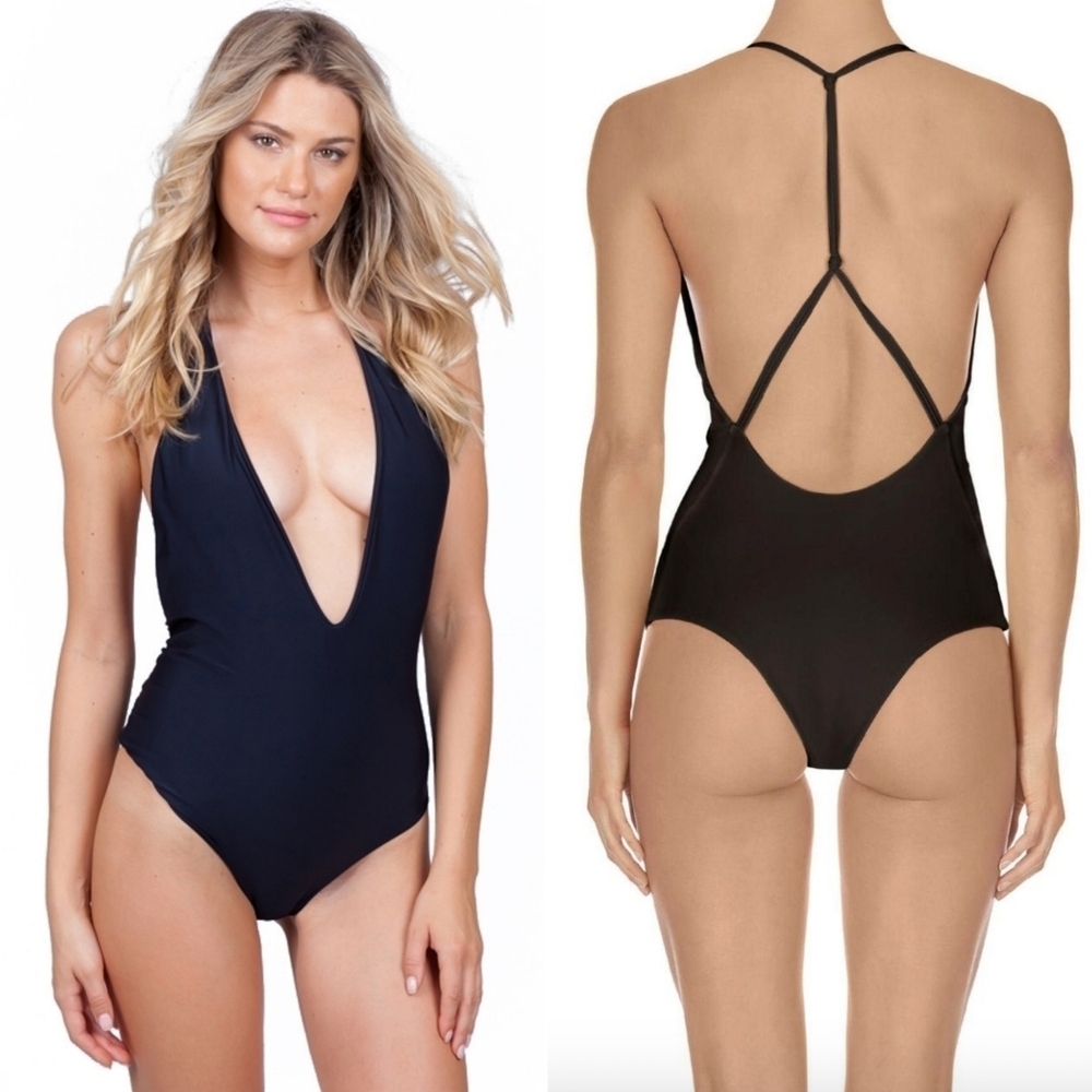 MIKOH // black Africa plunge strappy low y-back seamless one piece swimsuit